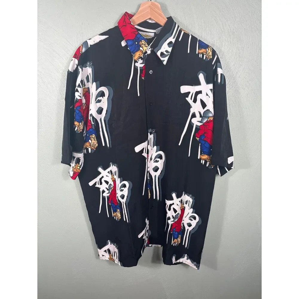 Up Ro's Button Down‎ Shirt Mens Large Black Graffiti Character Streetwear Top